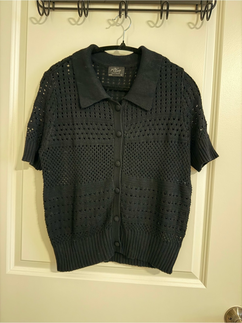 Open-Knit Short Sleeve Button Cardigan - Black